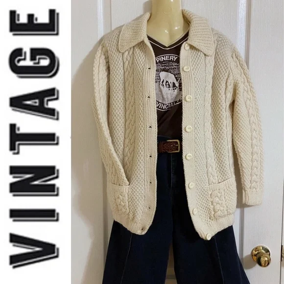 Hand knit Fishermen cable knit cream button-down cardigan chunky sweater - Picture 4 of 16
